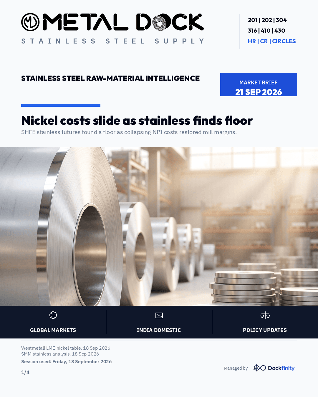 Nickel costs slide as stainless finds floor — card 1 of 4